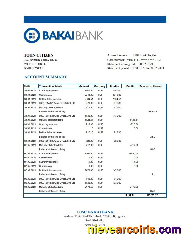 Kyrgyzstan OJSC Bakai Bank statement easy to fill in Excel and PDF format